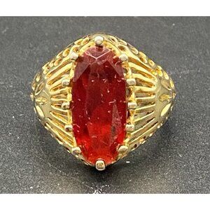 Vintage Czech Glass Ruby Red Marquise Ring Gold tone Filigree Setting Sz 8 GLOWS